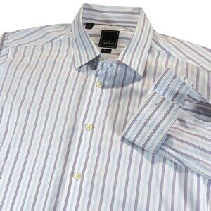 David Donahue Mens Dress Shirt Trim 17.5 34/35‎ White Blue Striped French Cuff